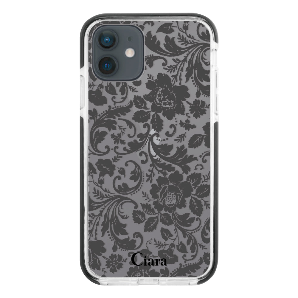 iPhoneXRケース クッションバンパー 耐衝撃クリアケース ヴィンテージフラワー ブラック
