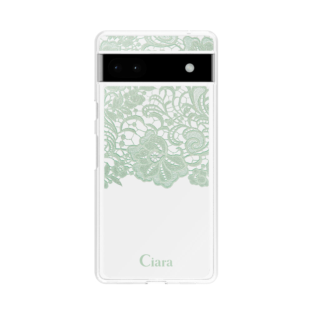GooglePixel6aケース クリアケース ファブリックカラーレース グリーン