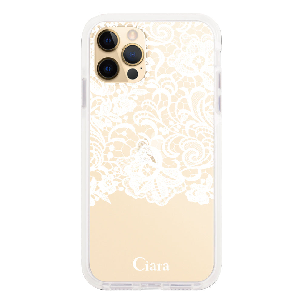 iPhone11ProMaxケース クッションバンパー 耐衝撃クリアケース ファブリックカラーレース ホワイト