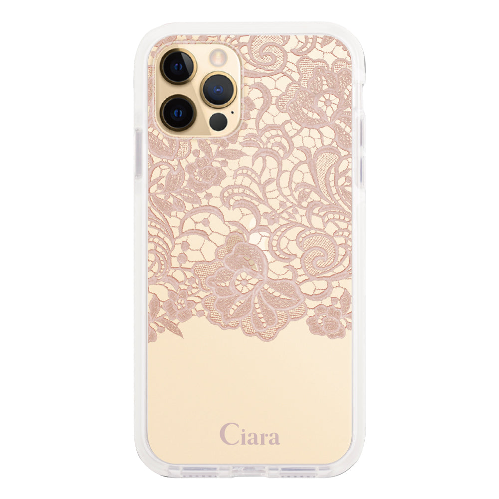 iPhone11ProMaxケース クッションバンパー 耐衝撃クリアケース ファブリックカラーレース ピンク