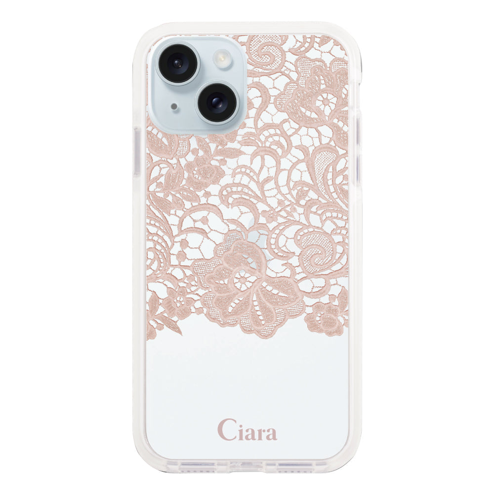 iPhone15Plusケース クッションバンパー 耐衝撃クリアケース ファブリックカラーレース ピンク