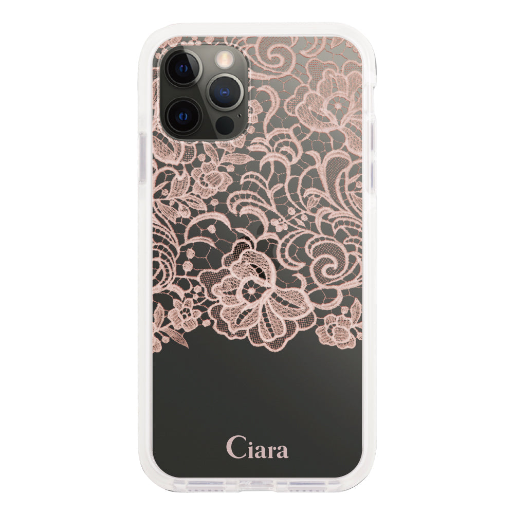 iPhoneX/XSケース クッションバンパー 耐衝撃クリアケース ファブリックカラーレース ピンク
