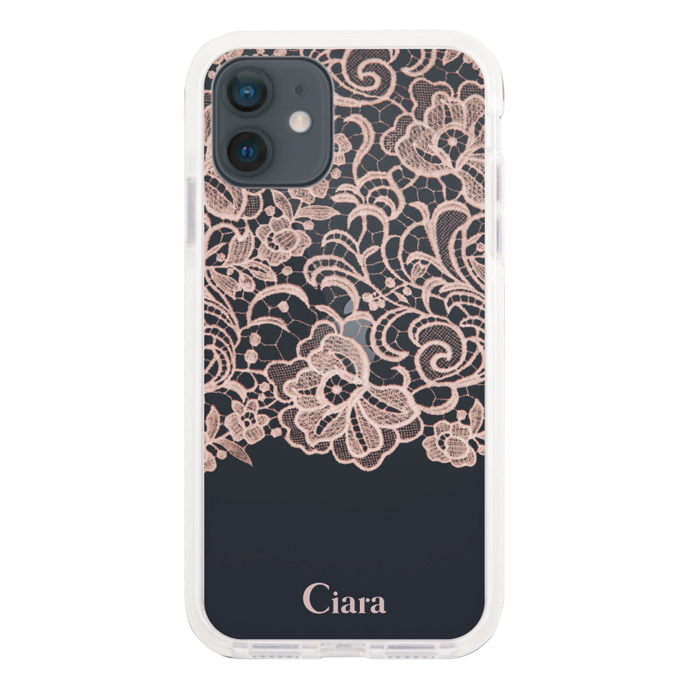iPhoneXRケース クッションバンパー 耐衝撃クリアケース ファブリックカラーレース ピンク