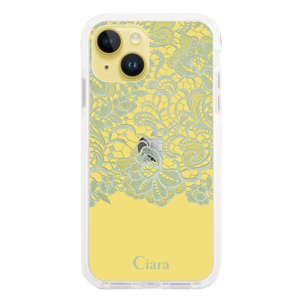 iPhone14Plusケース クッションバンパー 耐衝撃クリアケース ファブリックカラーレース グリーン