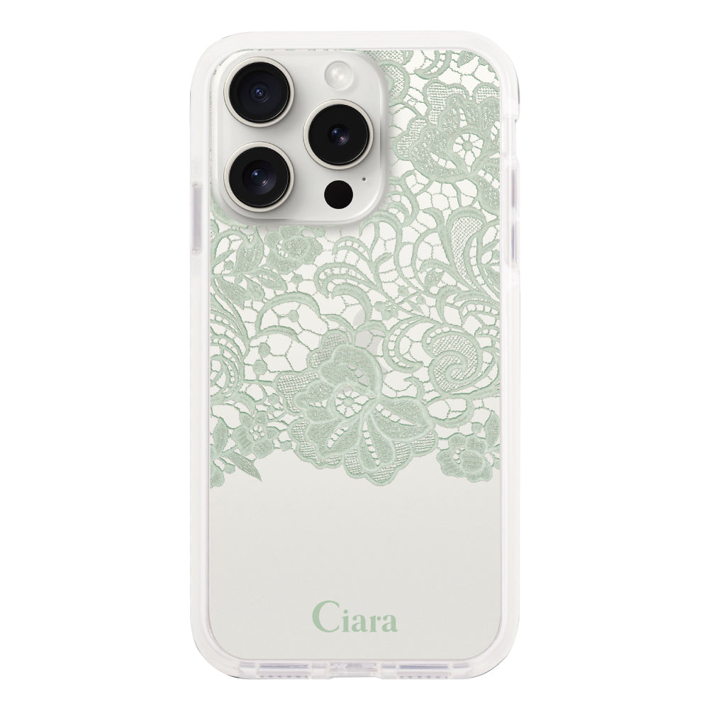 iPhone15ProMaxケース クッションバンパー 耐衝撃クリアケース ファブリックカラーレース グリーン