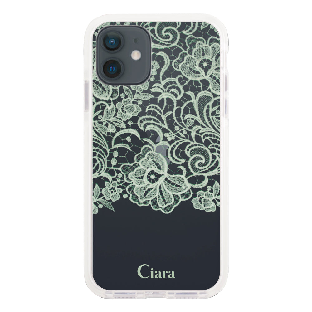 iPhoneXRケース クッションバンパー 耐衝撃クリアケース ファブリックカラーレース グリーン
