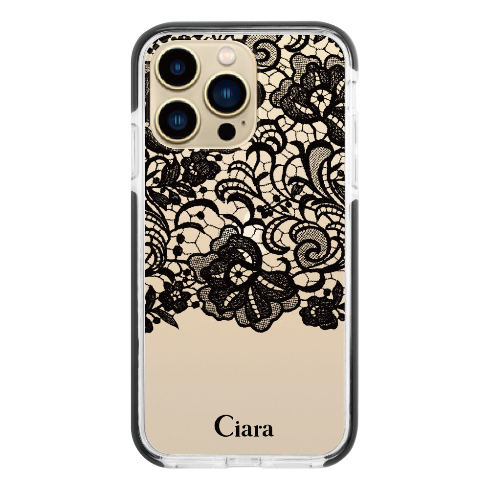 iPhone13ProMaxケース クッションバンパー 耐衝撃クリアケース ファブリックカラーレース ブラック