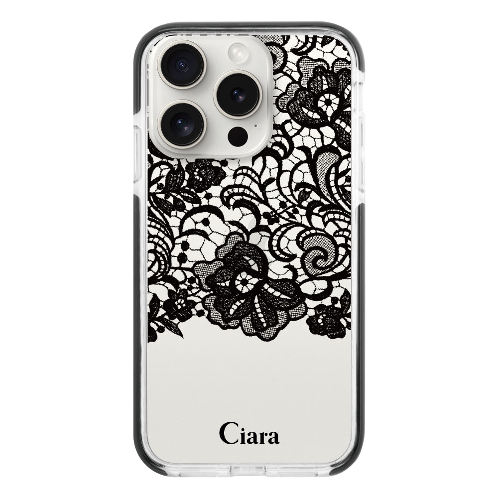 iPhone15ProMaxケース クッションバンパー 耐衝撃クリアケース ファブリックカラーレース ブラック