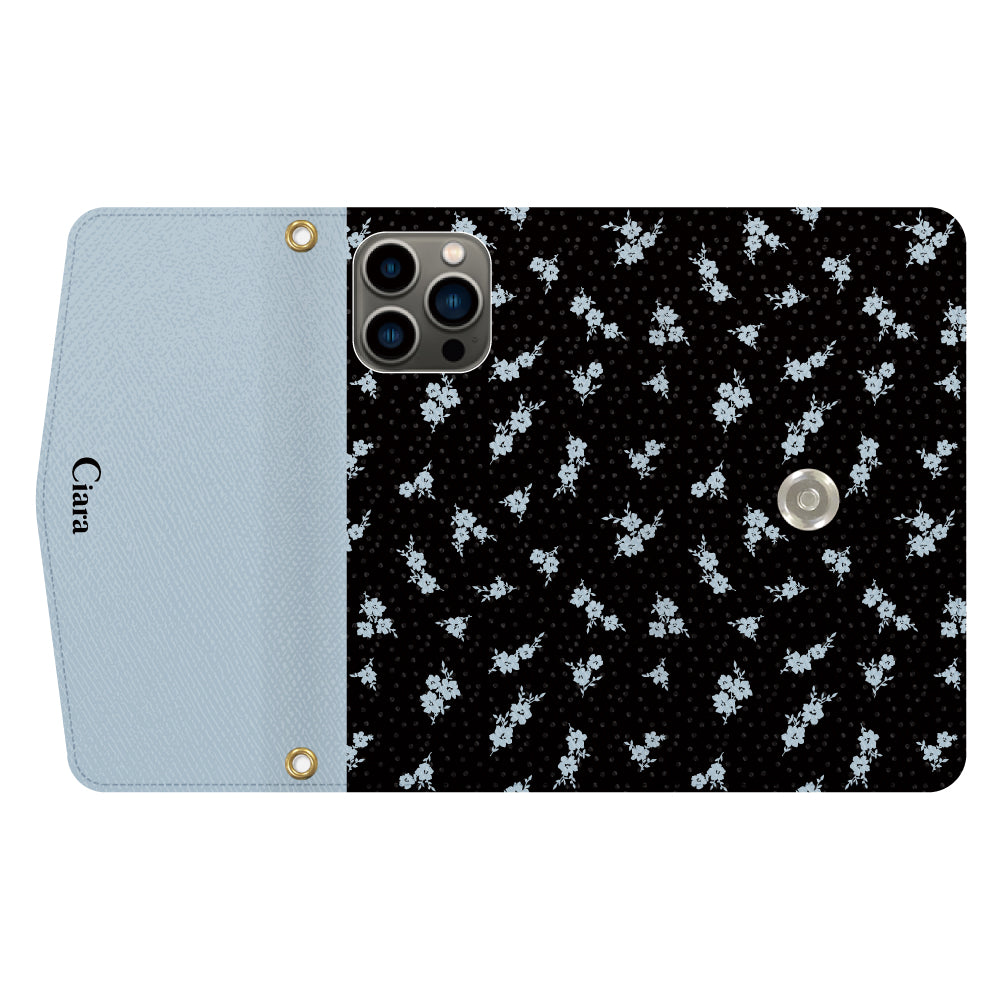 iPhone13Proケース 手帳型カード収納レザーケース ドットフラワー ブラック