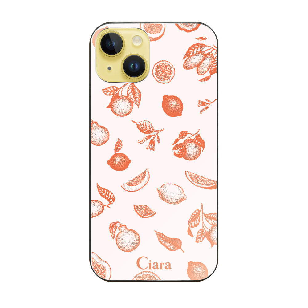 iPhone14Plusケース ガラス 強化ガラスケース ロマンティックレモン オレンジ