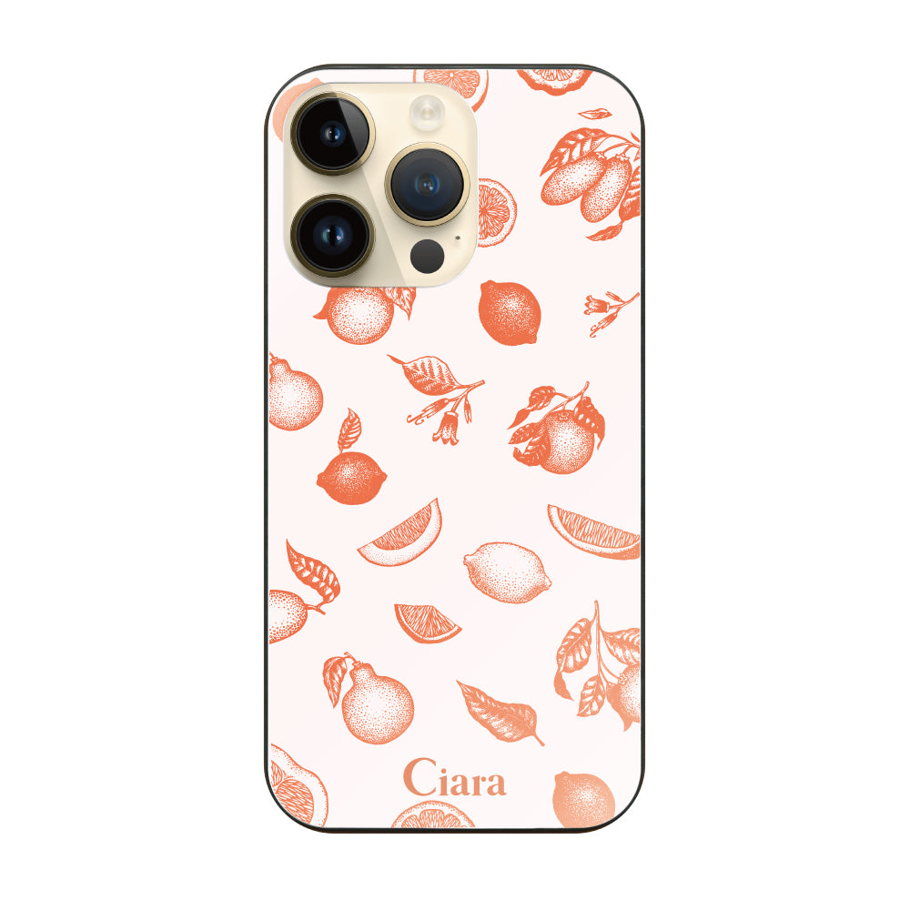 iPhone14Proケース ガラス 強化ガラスケース ロマンティックレモン オレンジ