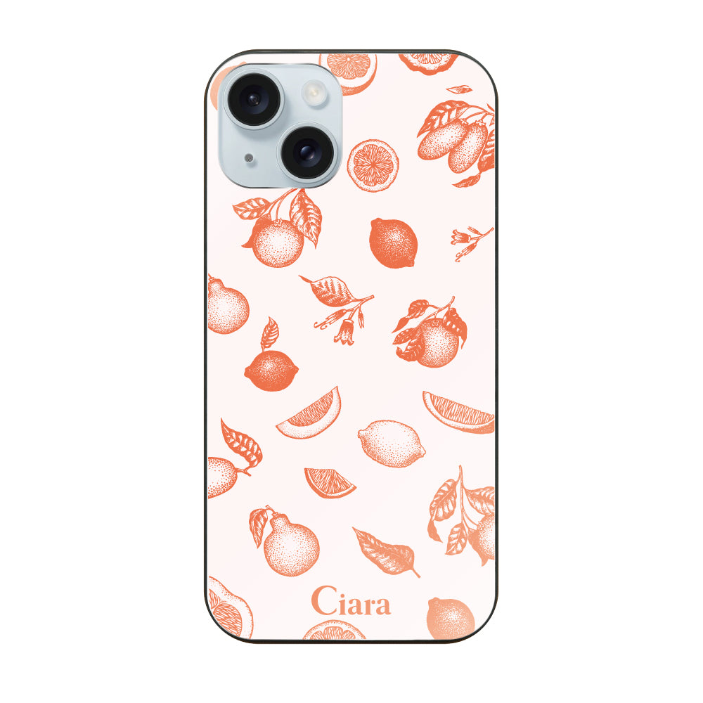 iPhone15Plusケース ガラス 強化ガラスケース ロマンティックレモン オレンジ