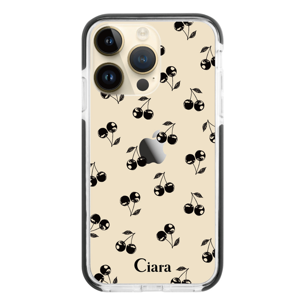 iPhone14Proケース クッションバンパー 耐衝撃クリアケース ロマンティックチェリー ブラック