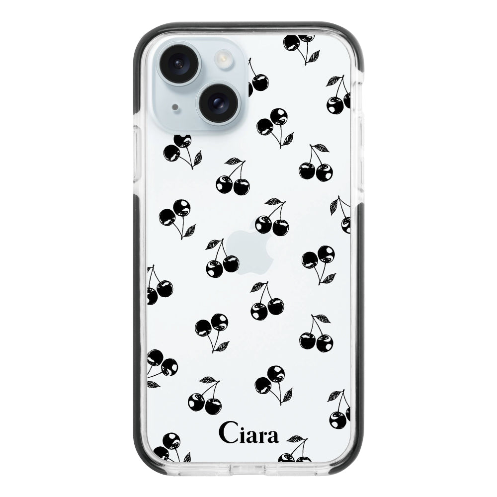 iPhone15Plusケース クッションバンパー 耐衝撃クリアケース ロマンティックチェリー ブラック