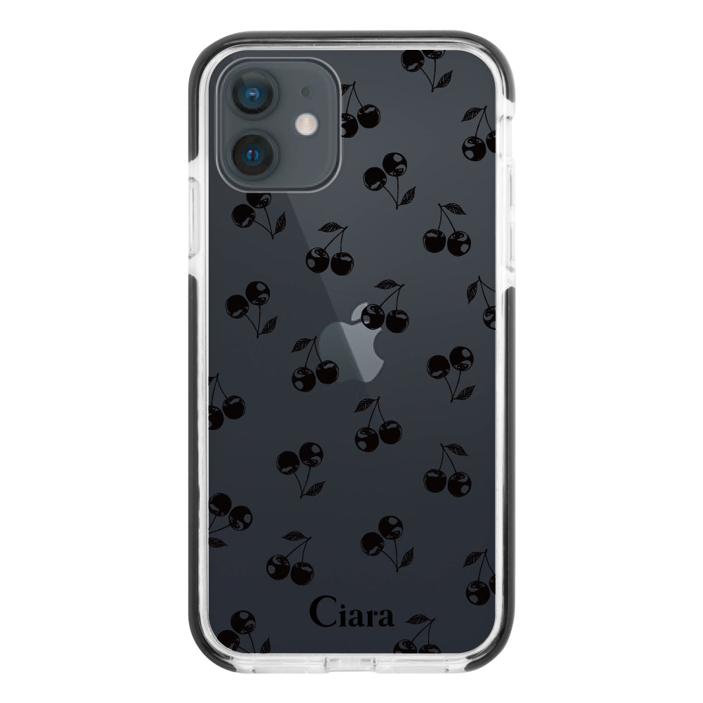 iPhoneXRケース クッションバンパー 耐衝撃クリアケース ロマンティックチェリー ブラック