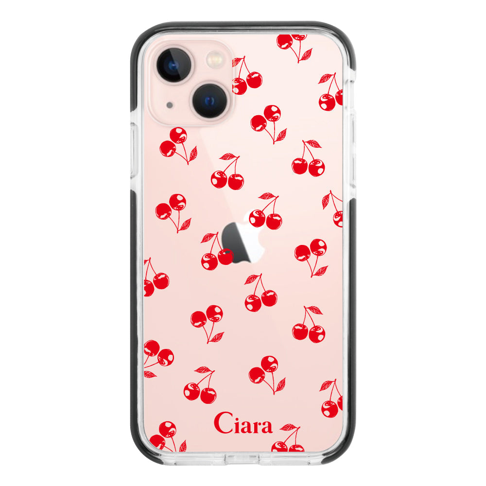 iPhone13ケース クッションバンパー 耐衝撃クリアケース ロマンティックチェリー レッド