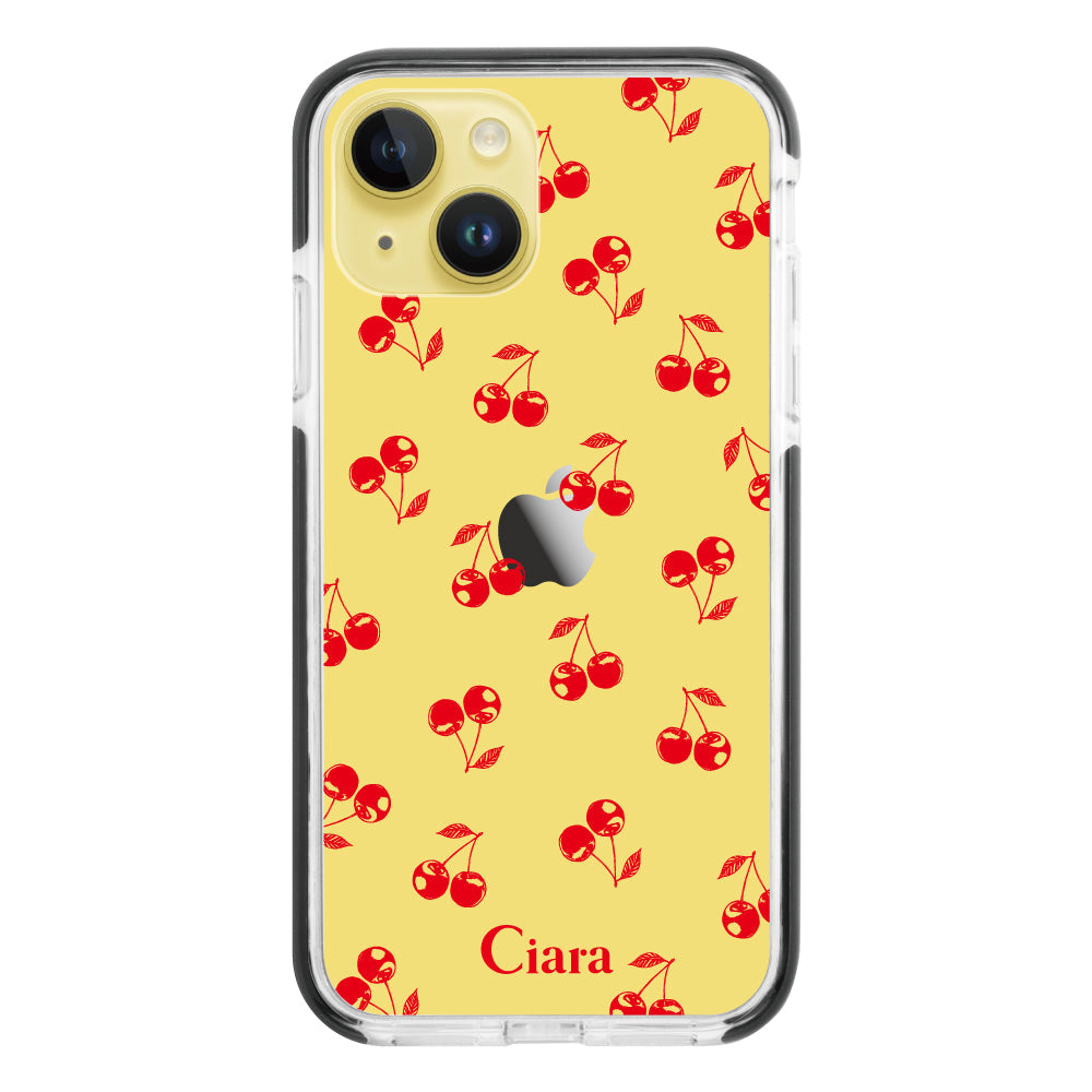 iPhone14Plusケース クッションバンパー 耐衝撃クリアケース ロマンティックチェリー レッド