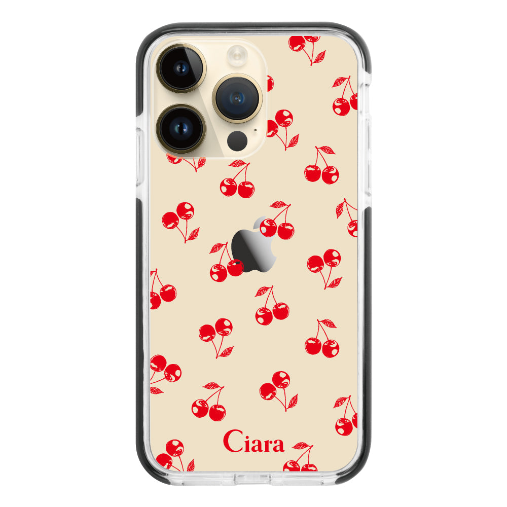 iPhone14Proケース クッションバンパー 耐衝撃クリアケース ロマンティックチェリー レッド