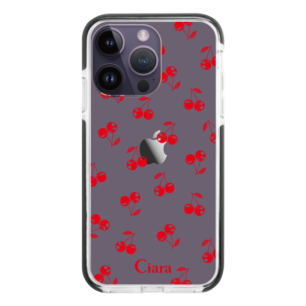 iPhone14ProMaxケース クッションバンパー 耐衝撃クリアケース ロマンティックチェリー レッド