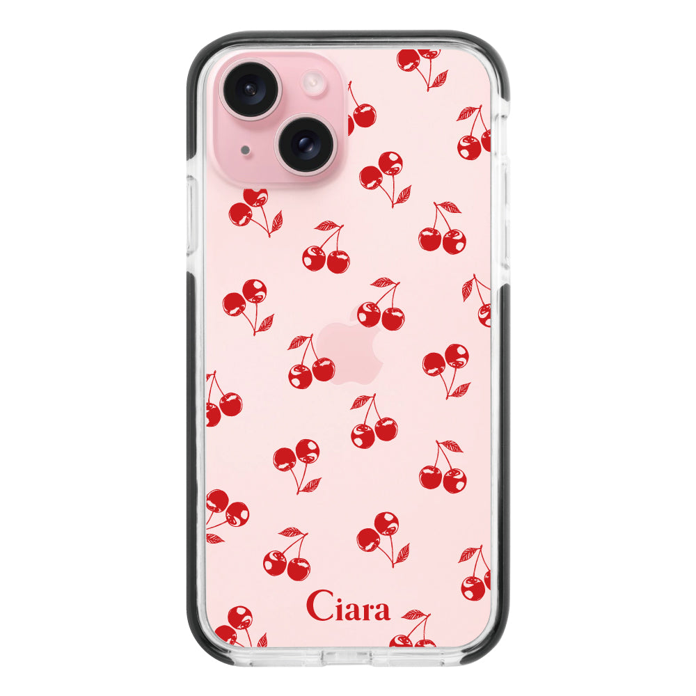 iPhone15ケース クッションバンパー 耐衝撃クリアケース ロマンティックチェリー レッド