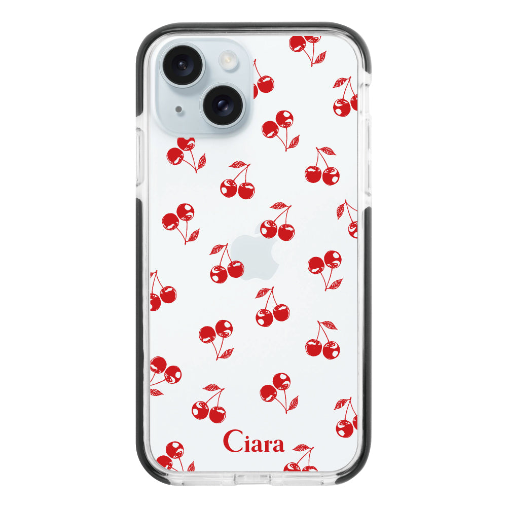 iPhone15Plusケース クッションバンパー 耐衝撃クリアケース ロマンティックチェリー レッド