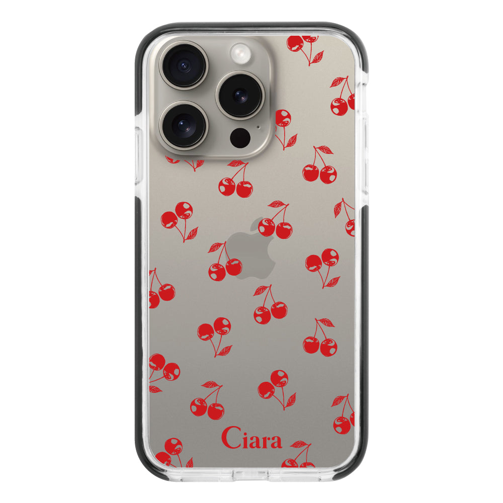 iPhone15Proケース クッションバンパー 耐衝撃クリアケース ロマンティックチェリー レッド