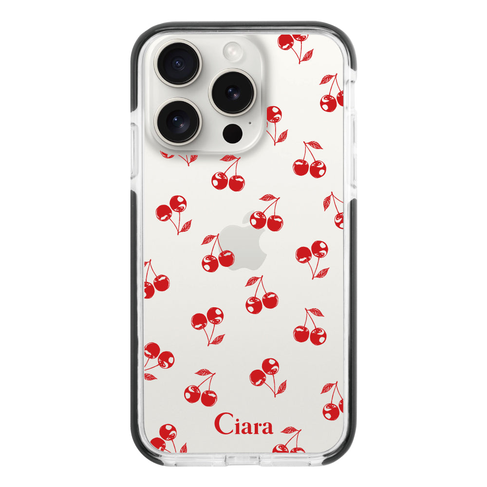 iPhone15ProMaxケース クッションバンパー 耐衝撃クリアケース ロマンティックチェリー レッド