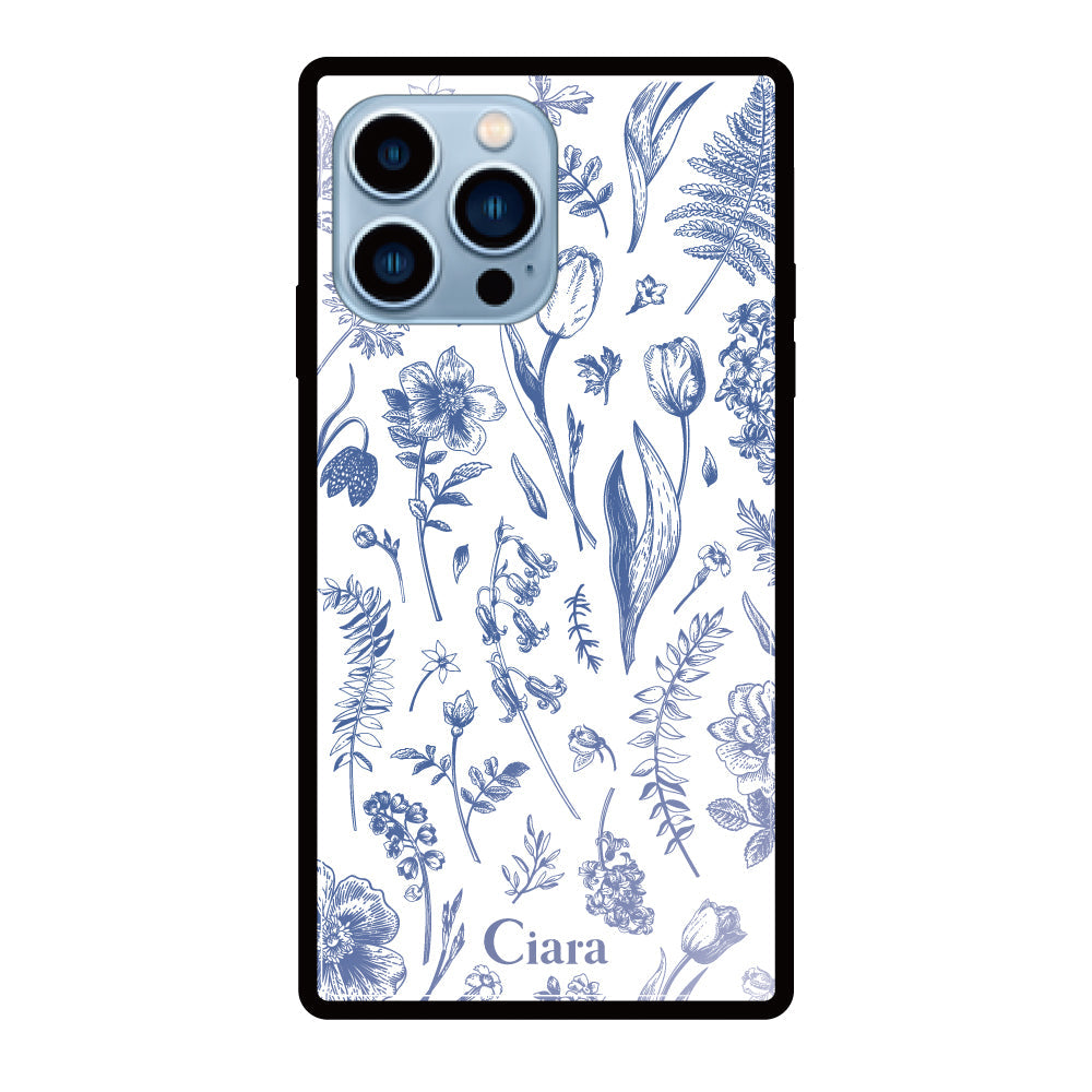 iPhone13ProMaxケース スクエア 強化ガラスケース ロマンティックフラワー ブルー
