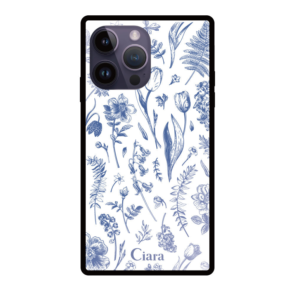iPhone14ProMaxケース スクエア 強化ガラスケース ロマンティックフラワー ブルー