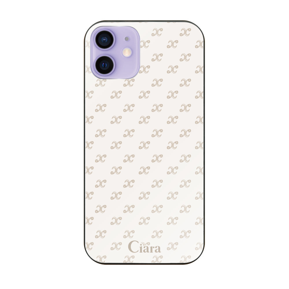 iPhone12/12Proケース ガラス 強化ガラスケース シアラモノグラムパターン ベージュ