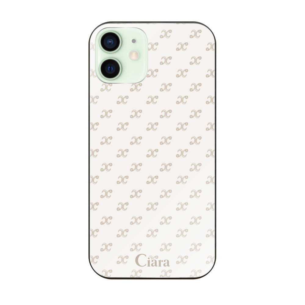 iPhone12miniケース ガラス 強化ガラスケース シアラモノグラムパターン ベージュ