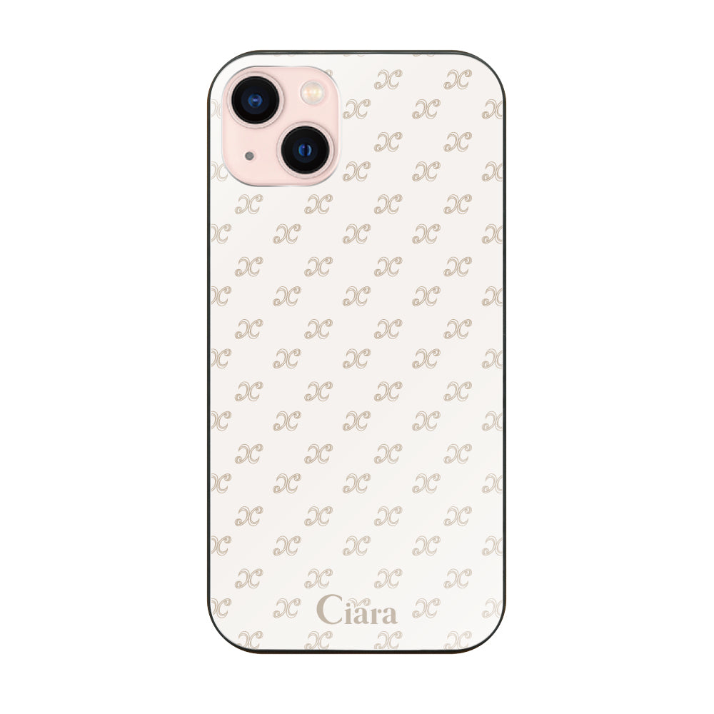 iPhone13ケース ガラス 強化ガラスケース シアラモノグラムパターン ベージュ