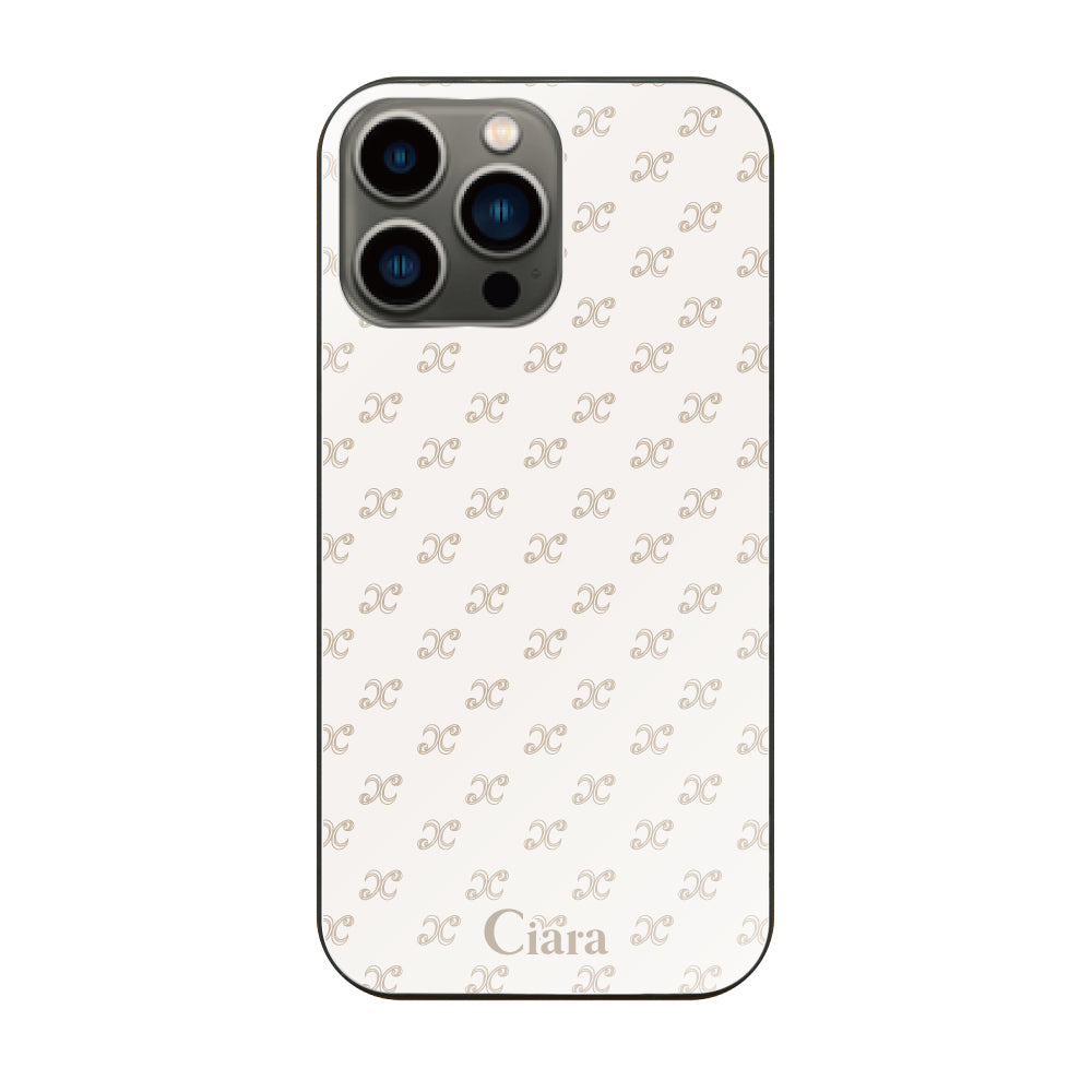 iPhone13Proケース ガラス 強化ガラスケース シアラモノグラムパターン ベージュ