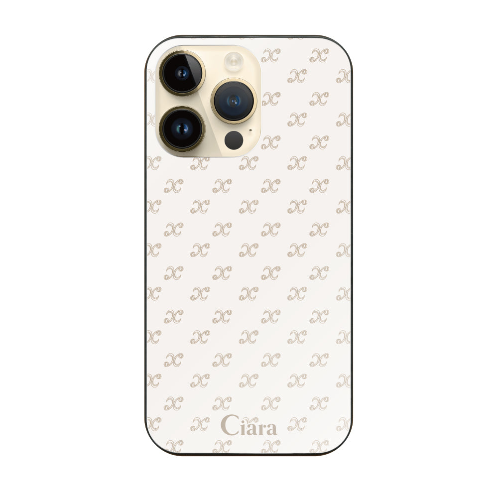 iPhone14Proケース ガラス 強化ガラスケース シアラモノグラムパターン ベージュ