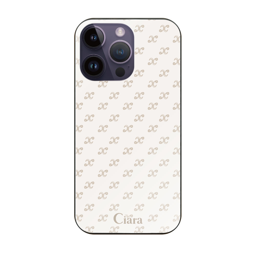 iPhone14ProMaxケース ガラス 強化ガラスケース シアラモノグラムパターン ベージュ