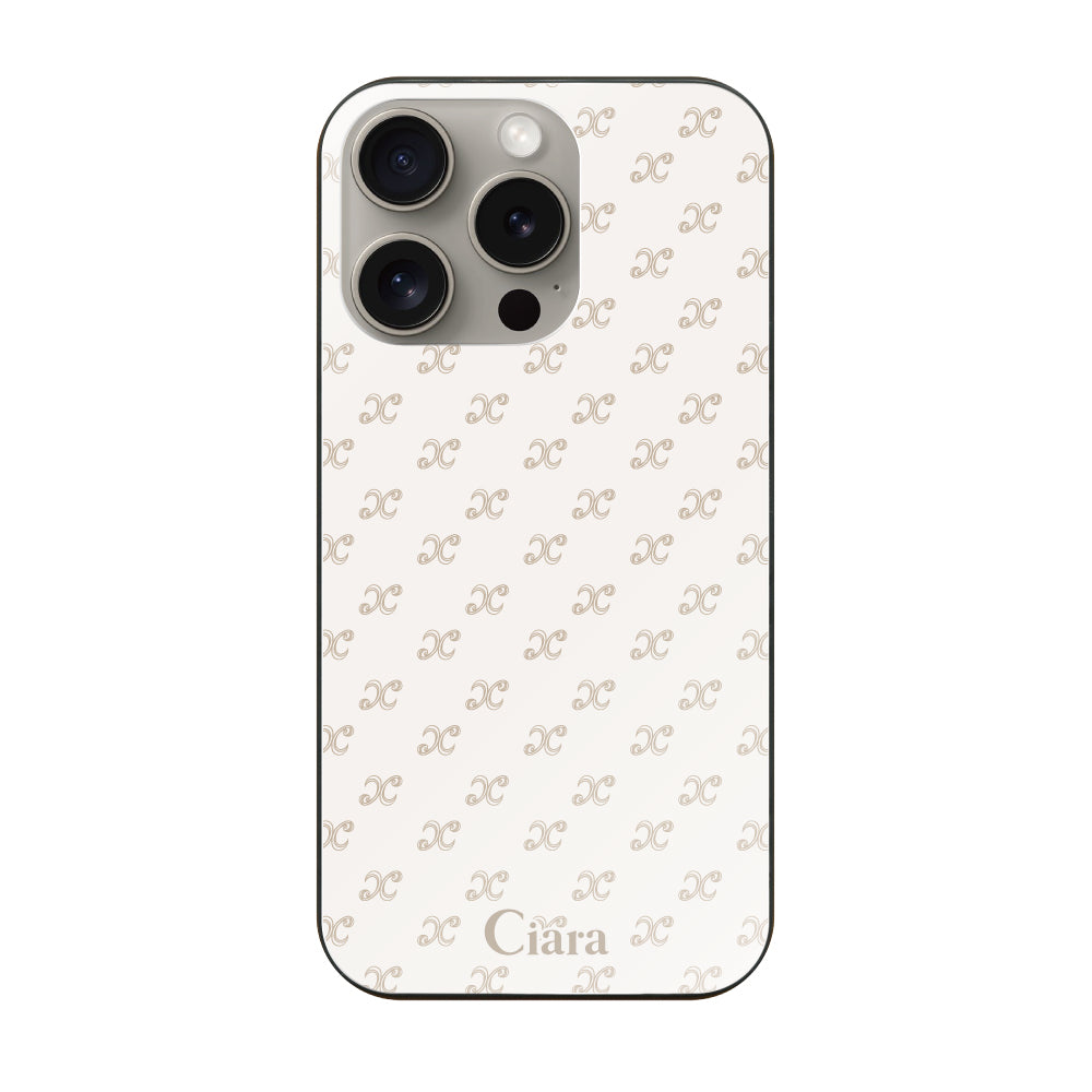 iPhone15Proケース ガラス 強化ガラスケース シアラモノグラムパターン ベージュ