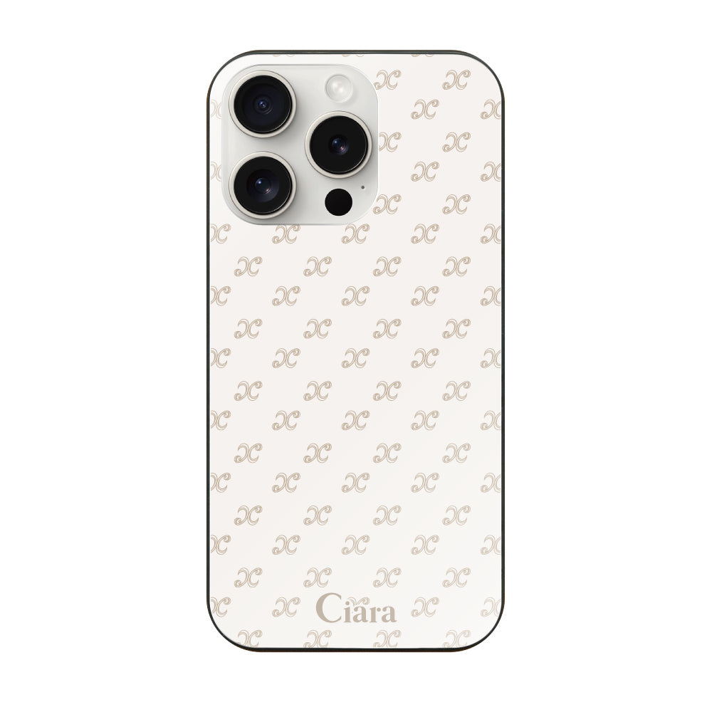 iPhone15ProMaxケース ガラス 強化ガラスケース シアラモノグラムパターン ベージュ