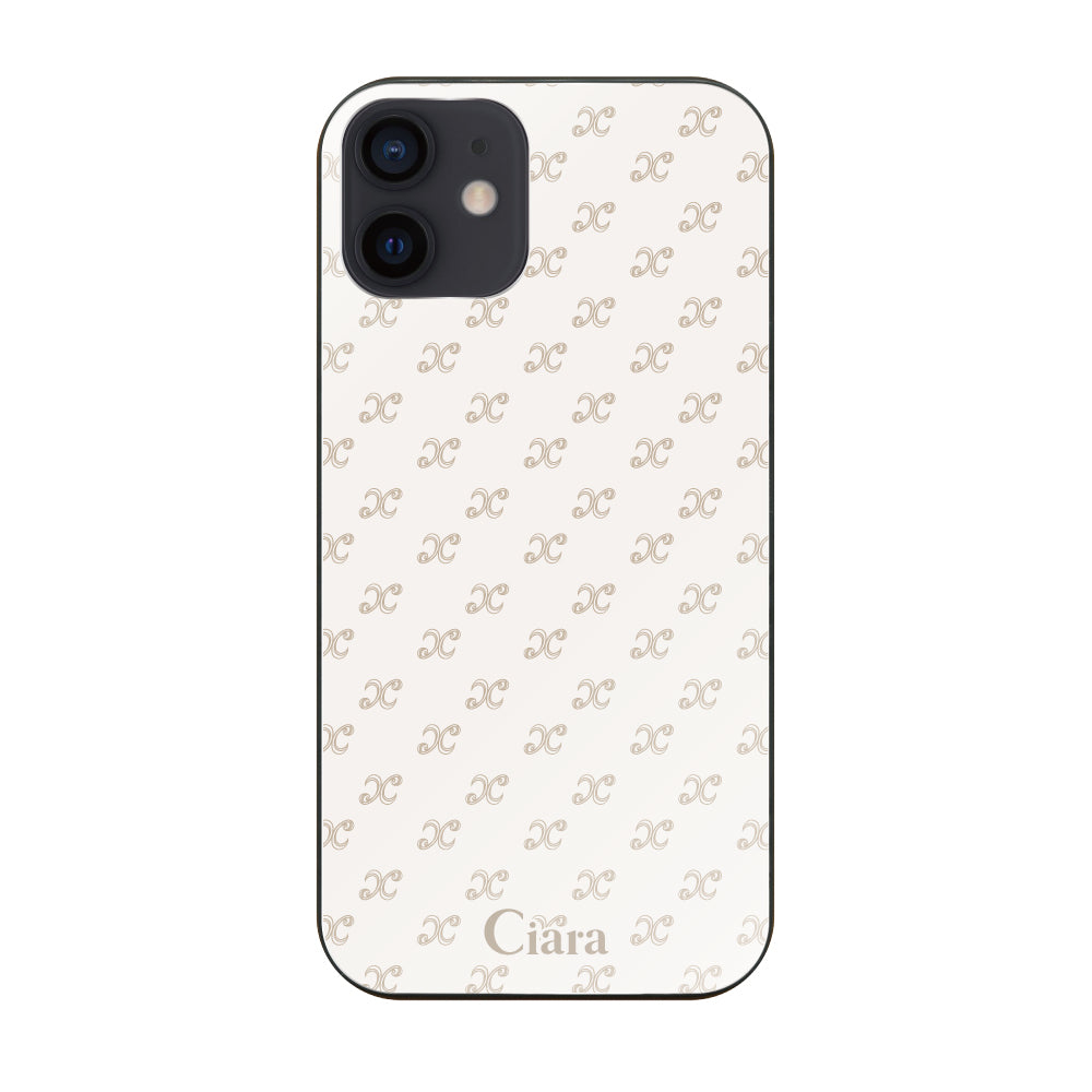 iPhoneXRケース ガラス 強化ガラスケース シアラモノグラムパターン ベージュ