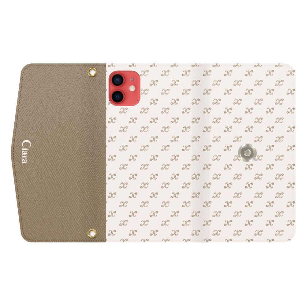 iPhone11ケース 手帳型カード収納レザーケース シアラモノグラムパターン ベージュ