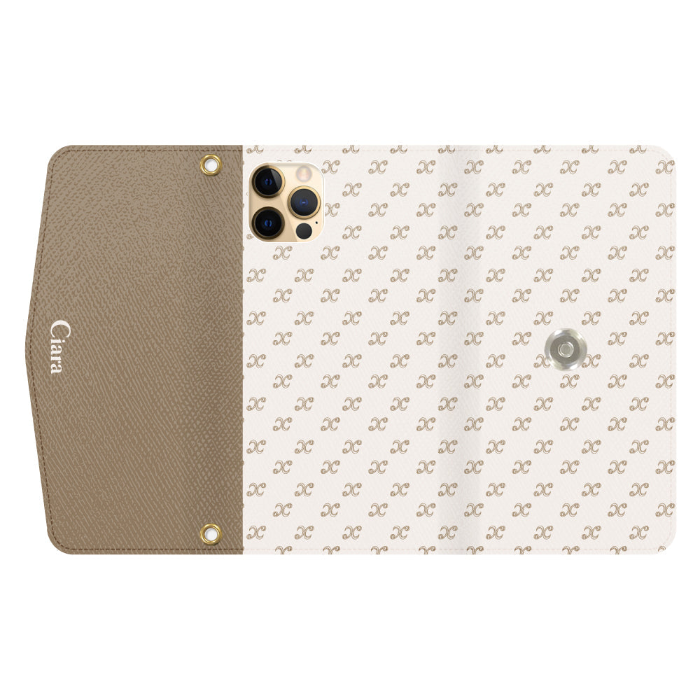 iPhone11Proケース 手帳型カード収納レザーケース シアラモノグラムパターン ベージュ