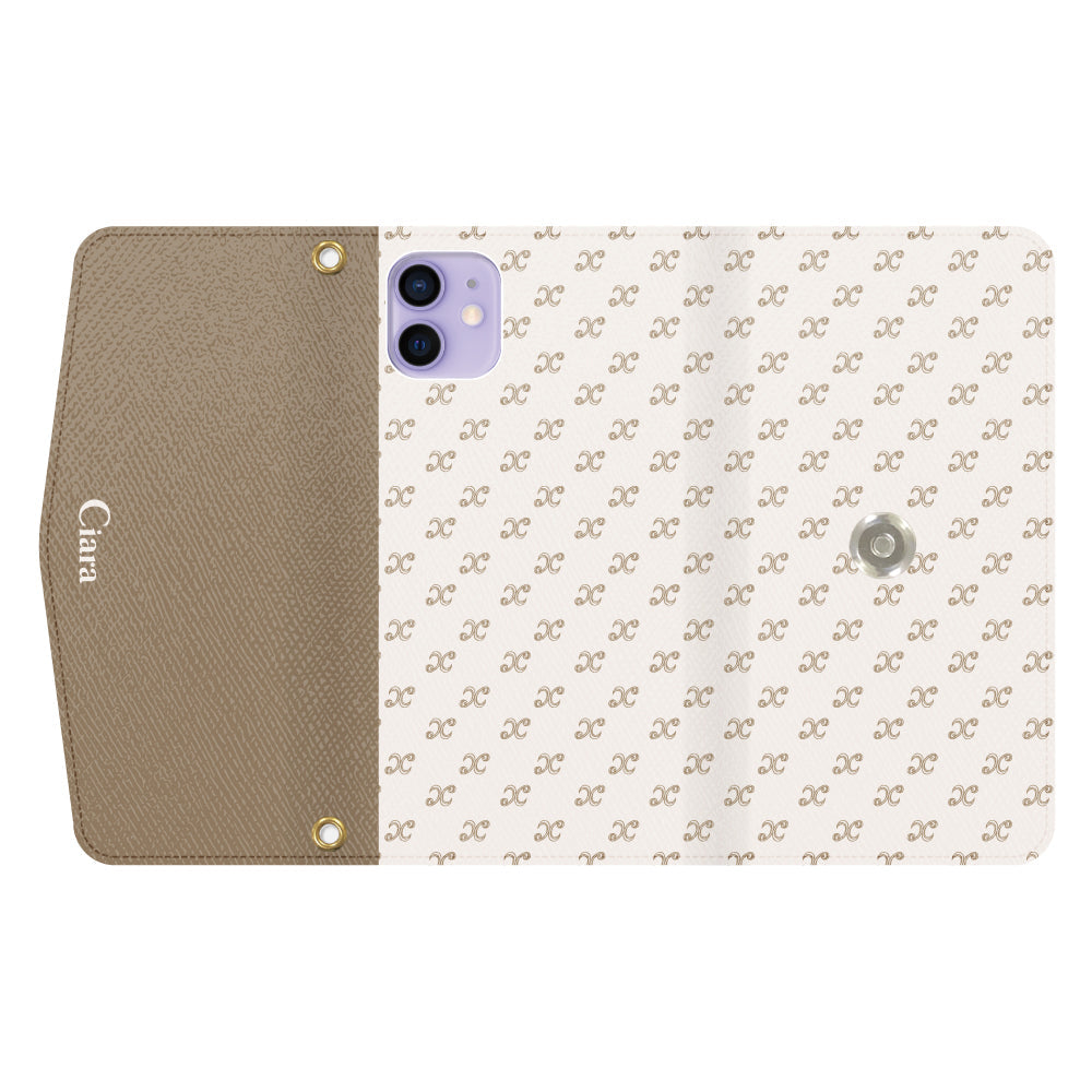 iPhone12/12Proケース 手帳型カード収納レザーケース シアラモノグラムパターン ベージュ