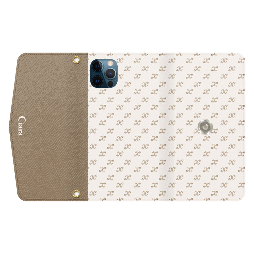 iPhone12ProMaxケース 手帳型カード収納レザーケース シアラモノグラムパターン ベージュ