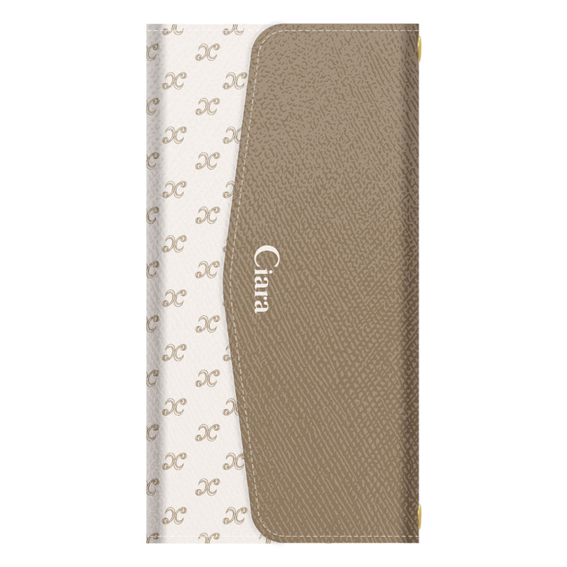 URBANOV04KYV45ケース カード収納 ミラー ストラップ付き レザー 三つ折り 手帳型ケース シアラモノグラムパターン