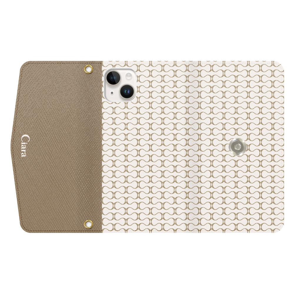 iPhone14ケース 手帳型カード収納レザーケース シアラマカダムパターン ベージュ