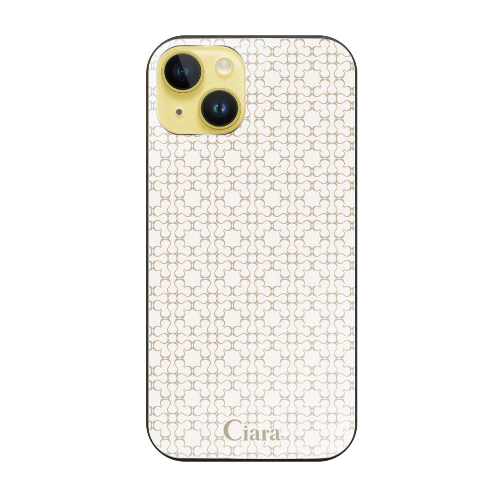 iPhone14Plusケース ガラス 強化ガラスケース シアラマカダムフルパターン ベージュ