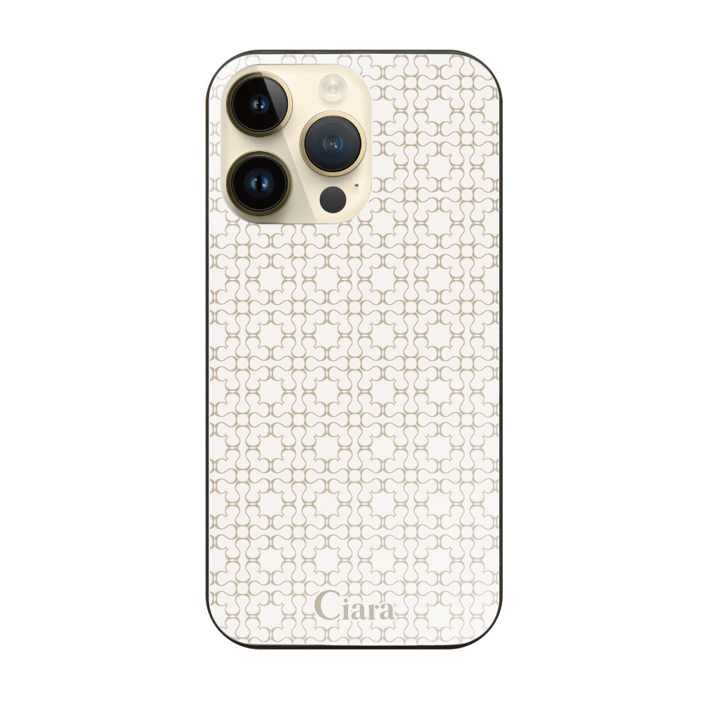 iPhone14Proケース ガラス 強化ガラスケース シアラマカダムフルパターン ベージュ