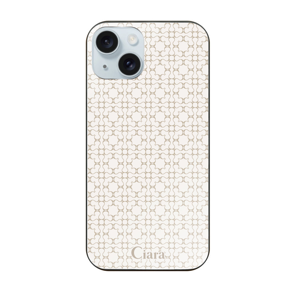 iPhone15Plusケース ガラス 強化ガラスケース シアラマカダムフルパターン ベージュ