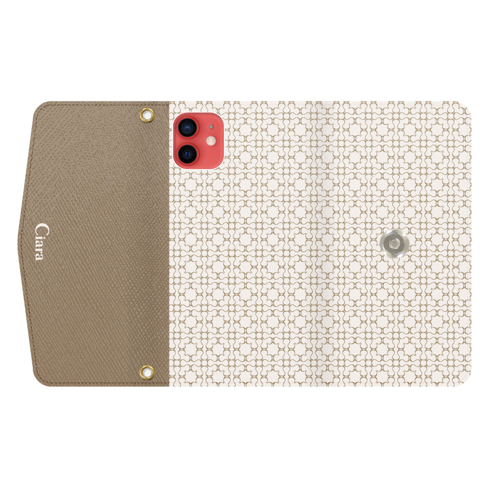 iPhone11ケース 手帳型カード収納レザーケース シアラマカダムフルパターン ベージュ