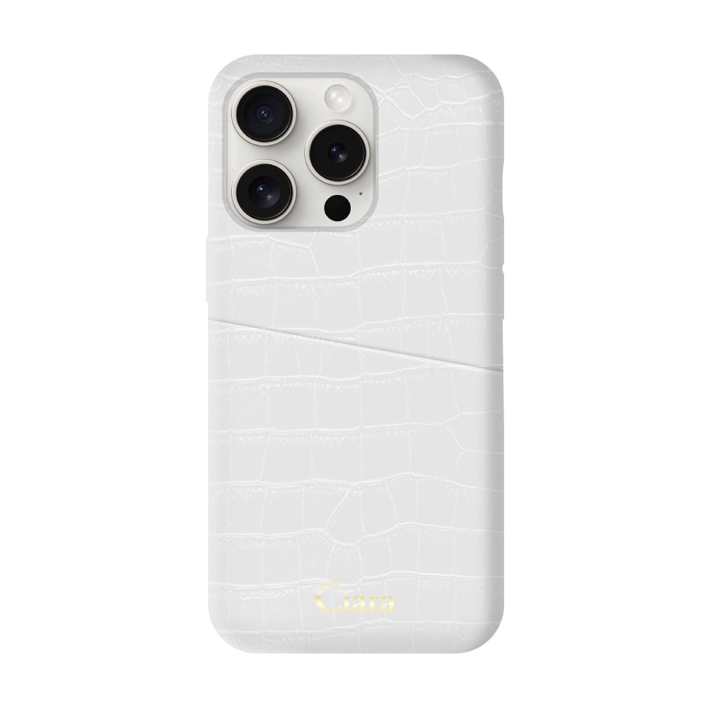 iPhone15ProMaxケース クロコPUポケット レザーカード収納ケース ロゴ ホワイト