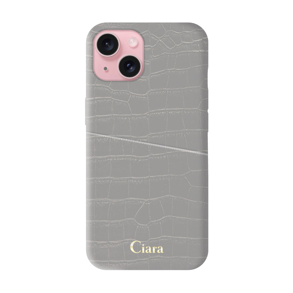 iPhone15ケース クロコPUポケット レザーカード収納ケース ロゴ グレー